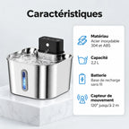 Caractéristiques de la fontaine à eau chat rechargeable : inox 304 et ABS, 2,2 L, base de recharge