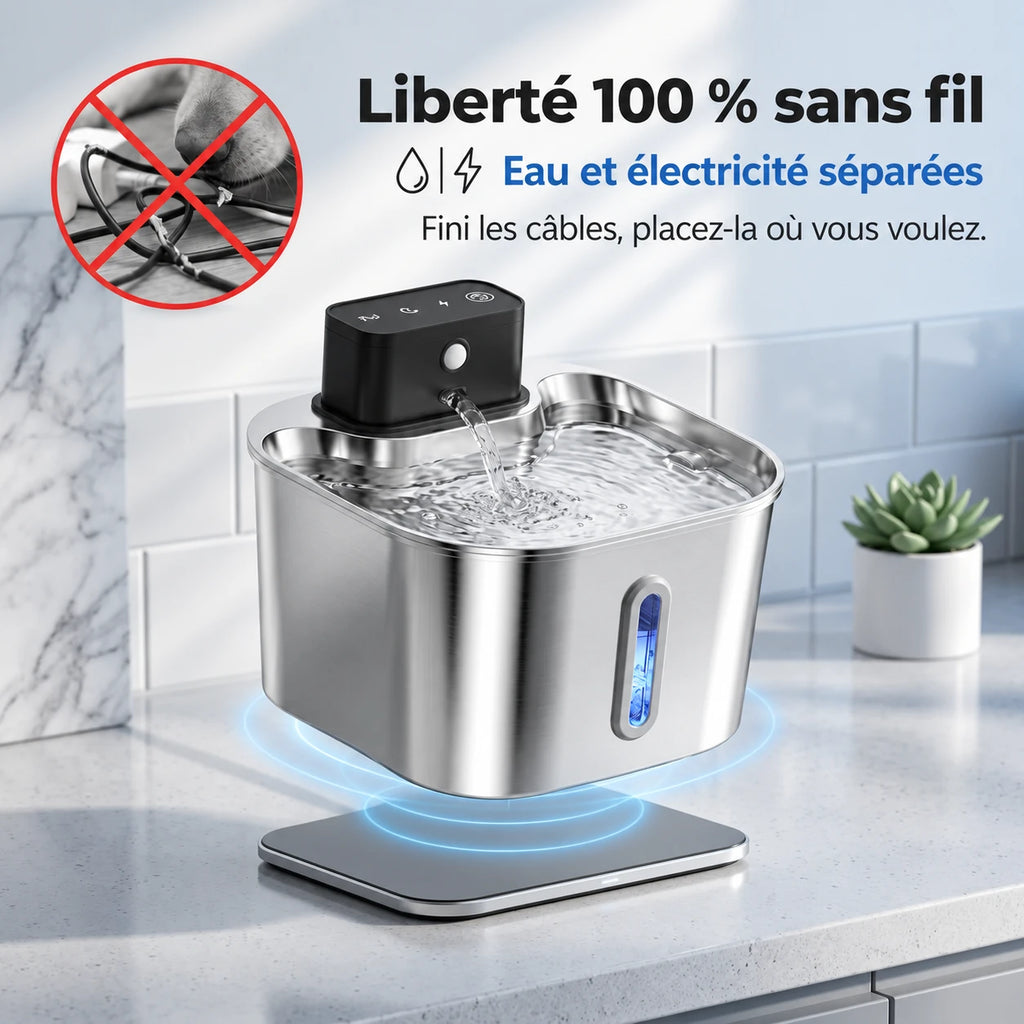 Fontaine à eau chat 100 % sans fil : eau et électricité séparées