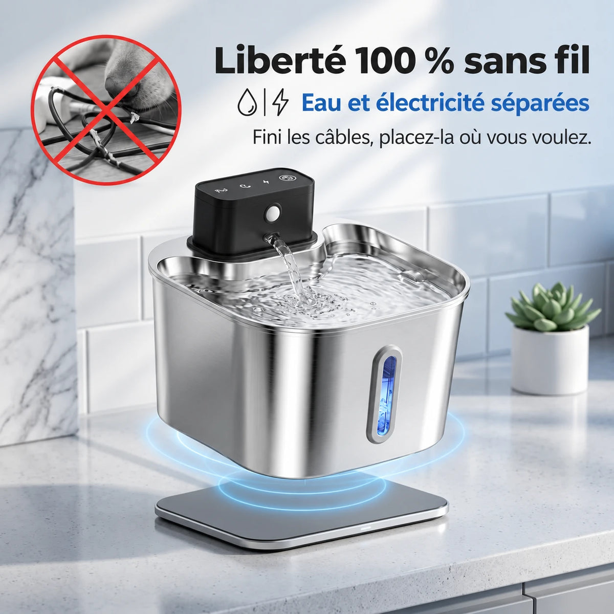 Fontaine à eau chat 100 % sans fil : eau et électricité séparées