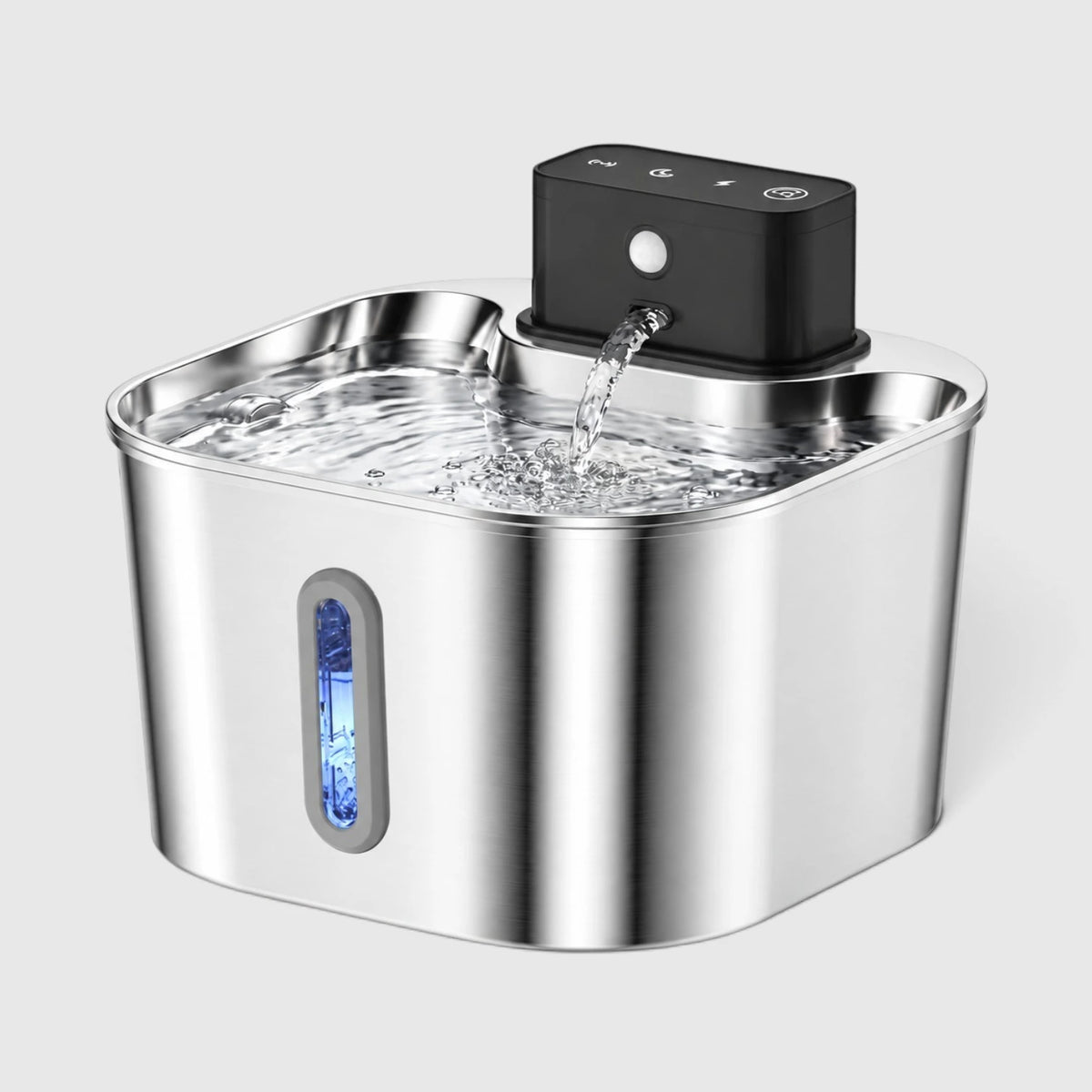 Fontaine à eau chat rechargeable carrée en inox avec module de détection