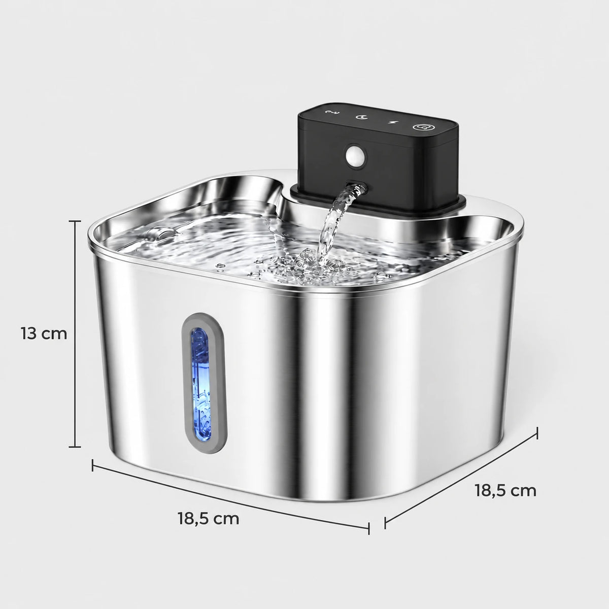 Schéma coté de la fontaine à eau chat rechargeable : 18,5 x 18,5 x 13 cm