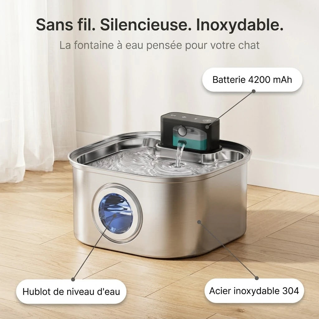Fontaine à eau chat sans fil : batterie de 4 200 mAh, hublot de niveau et acier inoxydable 304