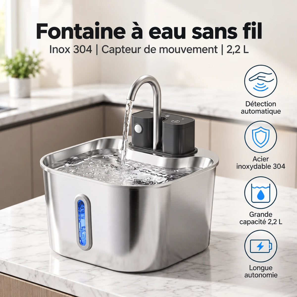 Fontaine à eau sans fil de 2,2 L avec capteur de mouvement dans une cuisine