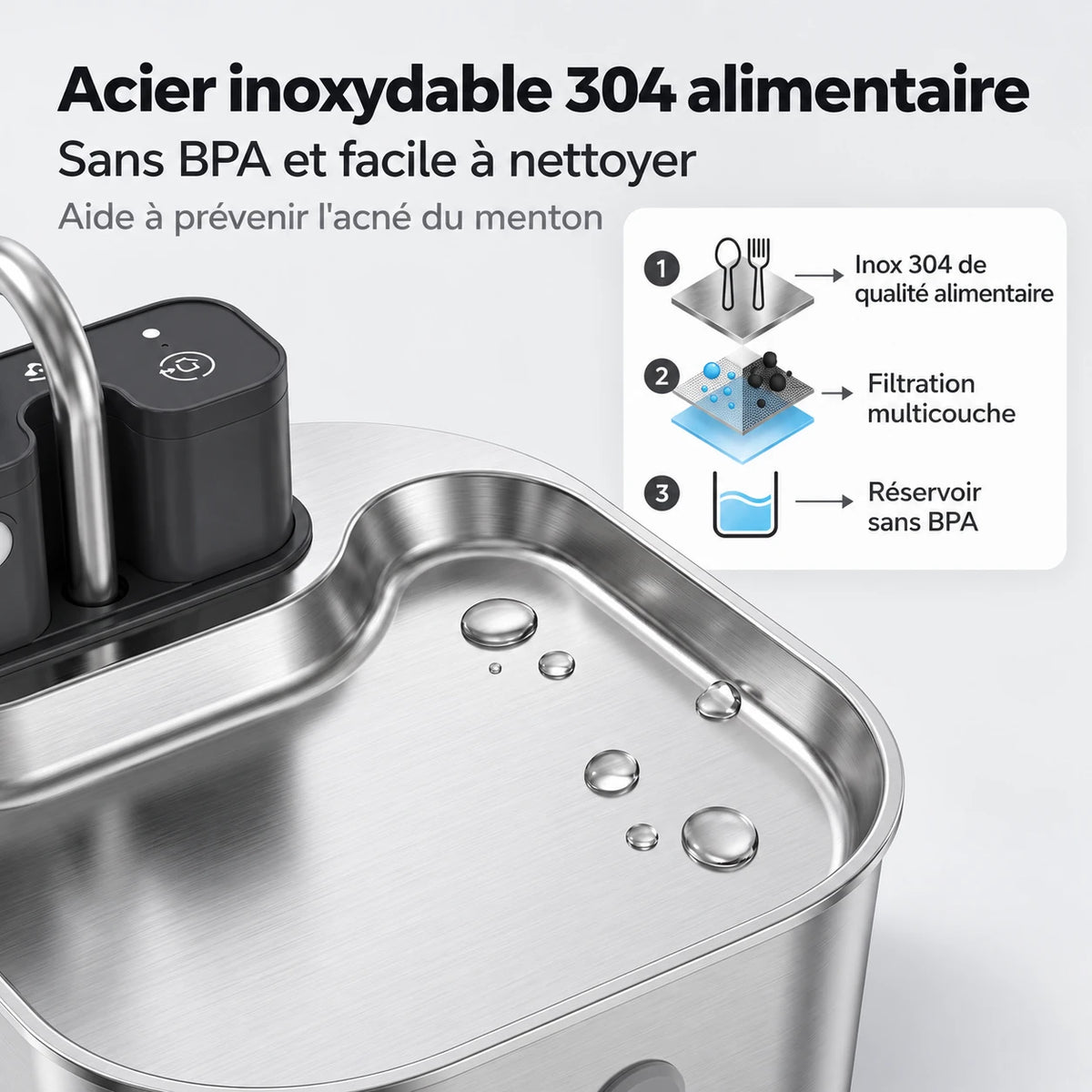 Acier inoxydable 304 alimentaire et filtration de la fontaine à eau chat sans prise