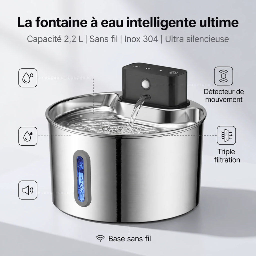 Fontaine à eau chat design : 2,2 L, sans fil, inox 304, ultra silencieuse