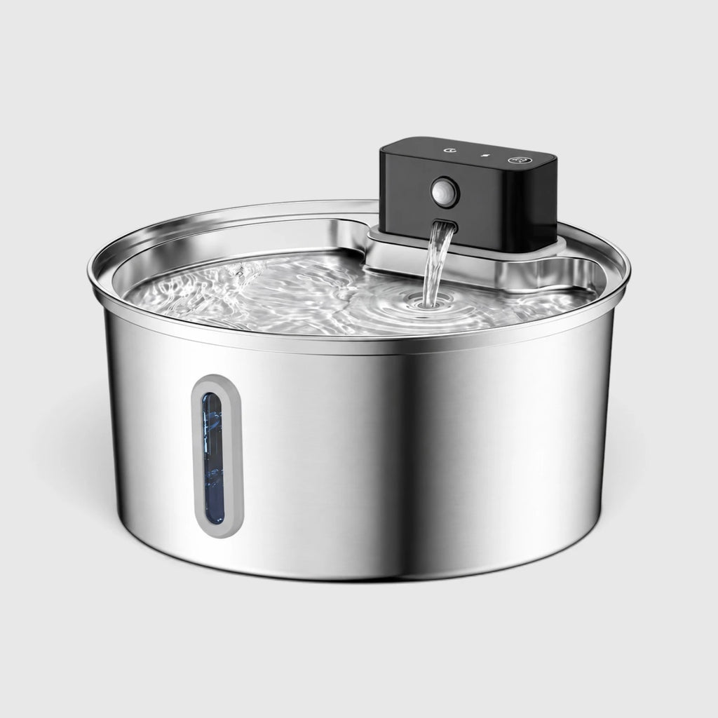 Fontaine à eau chat design ronde en inox avec module de détection noir