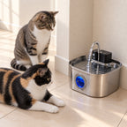 Deux chats devant la fontaine à eau chat sur batterie
