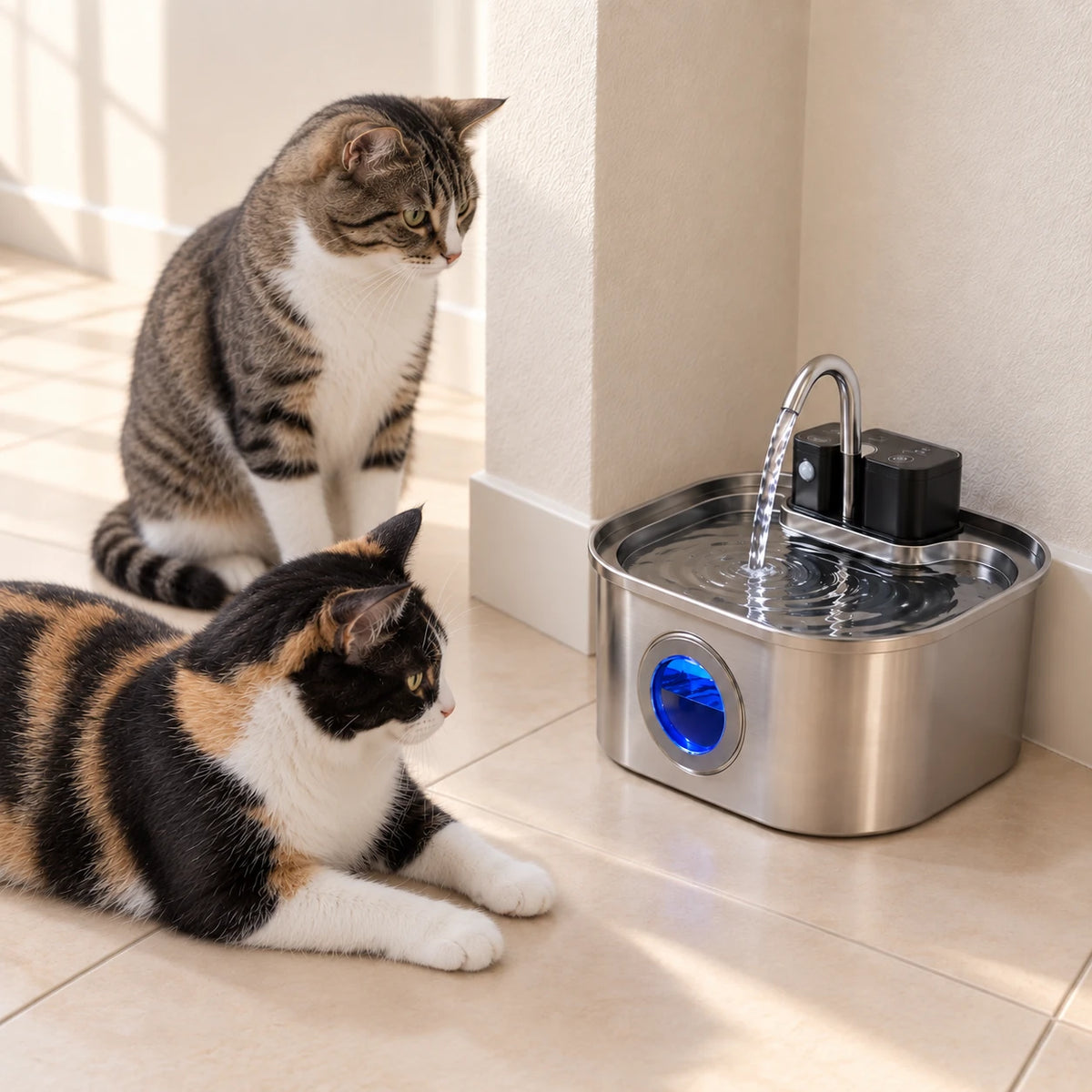 Deux chats devant la fontaine à eau chat sur batterie