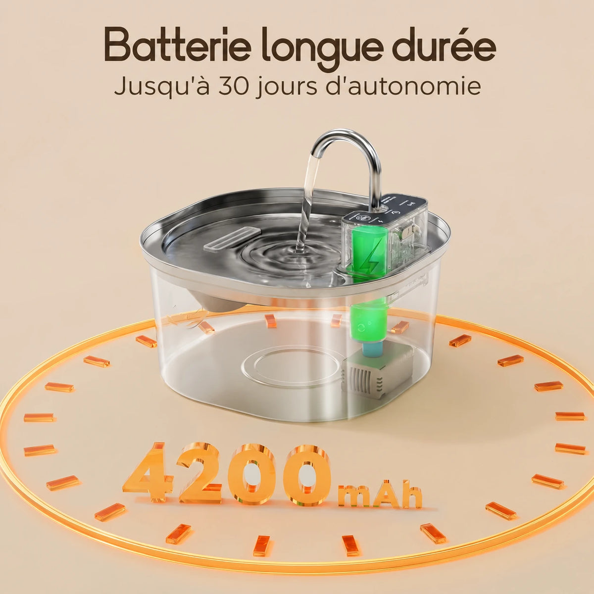 Batterie de 4 200 mAh : jusqu'à 30 jours d'autonomie pour la fontaine sur batterie
