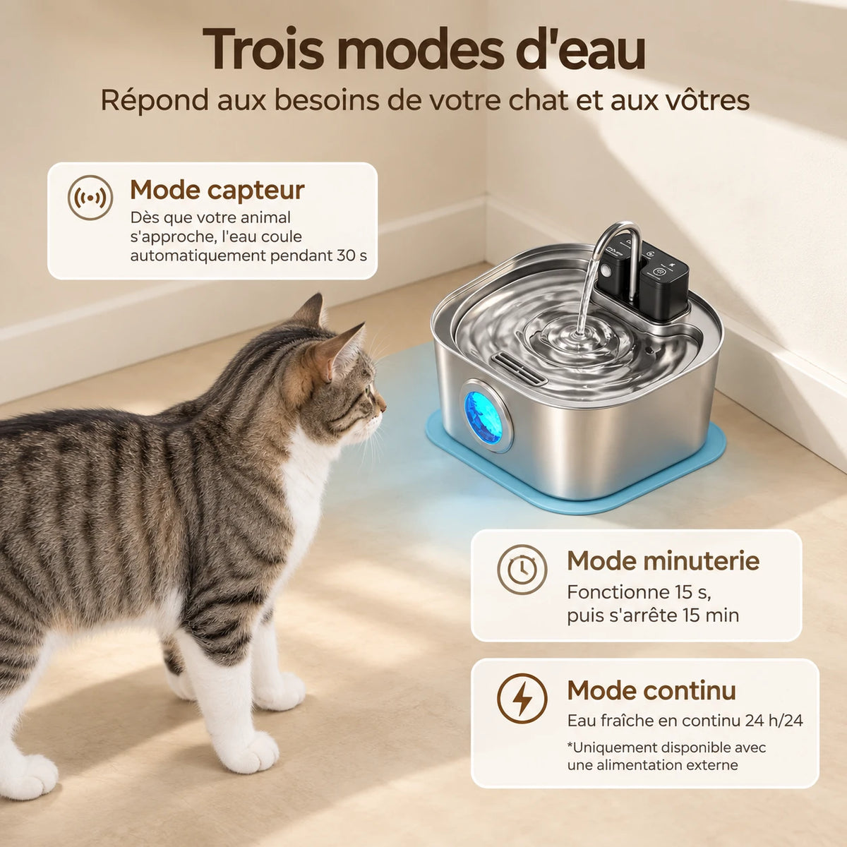 Trois modes d'eau de la fontaine chat : capteur, minuterie et continu