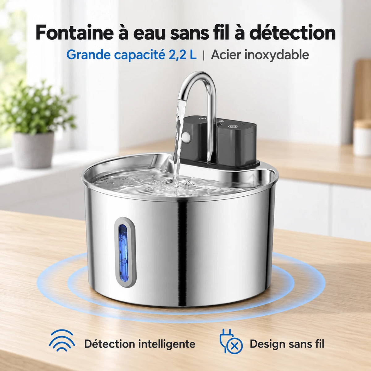 Fontaine à eau sans fil à détection de 2,2 L en acier inoxydable