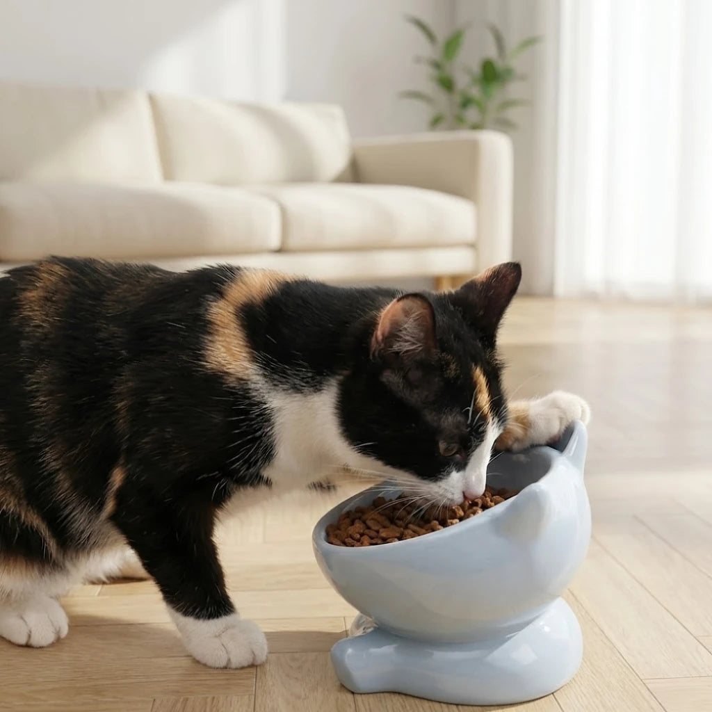Chat mangeant dans la gamelle chat céramique bleue inclinée