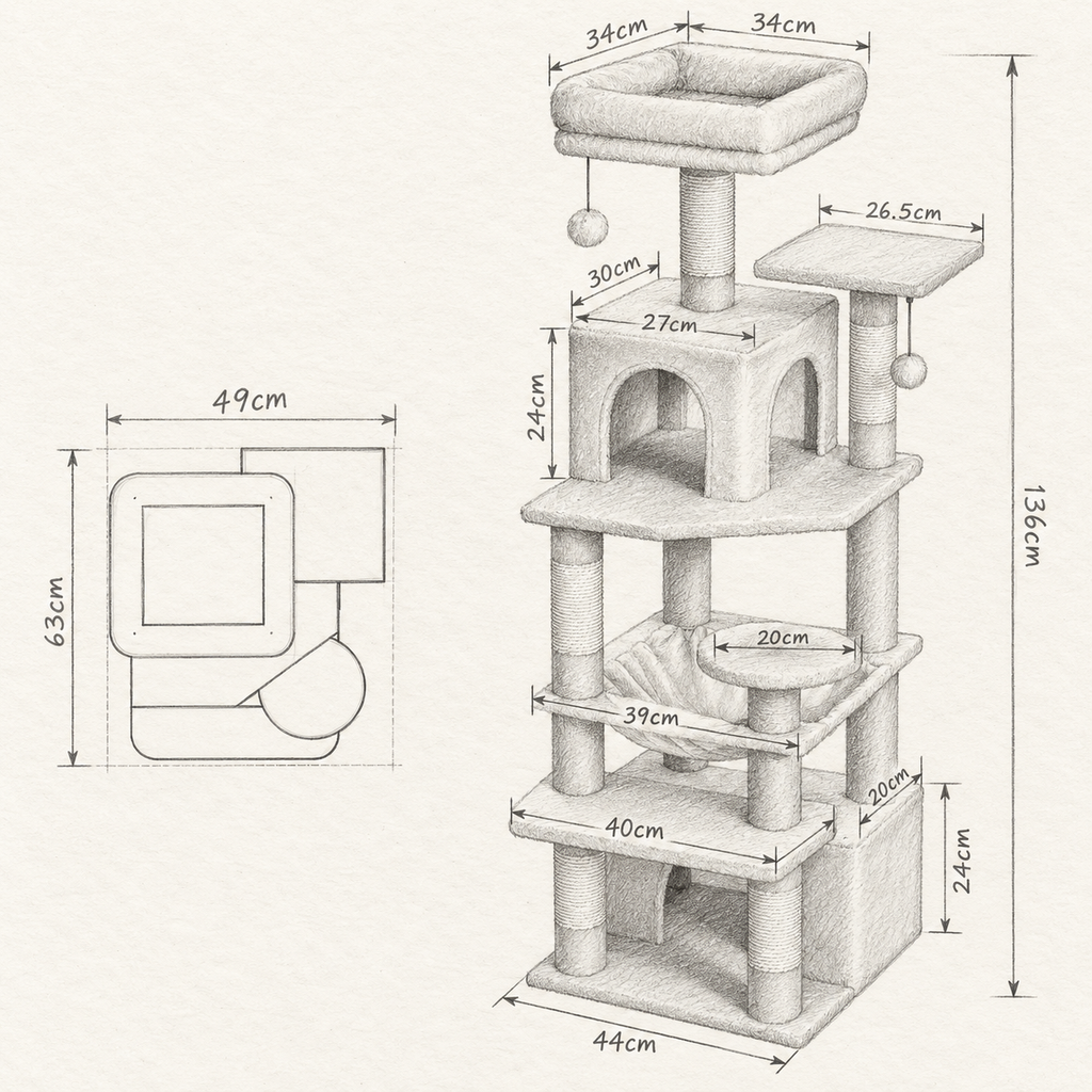 Schéma coté de l'arbre à Chat Adulte avec toutes les dimensions