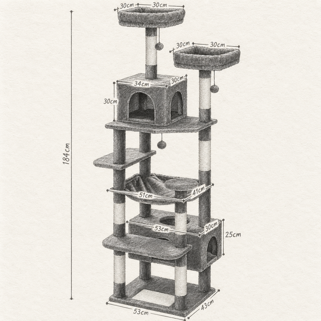 Schéma coté de l'arbre à Chat Maine Coon avec toutes les dimensions