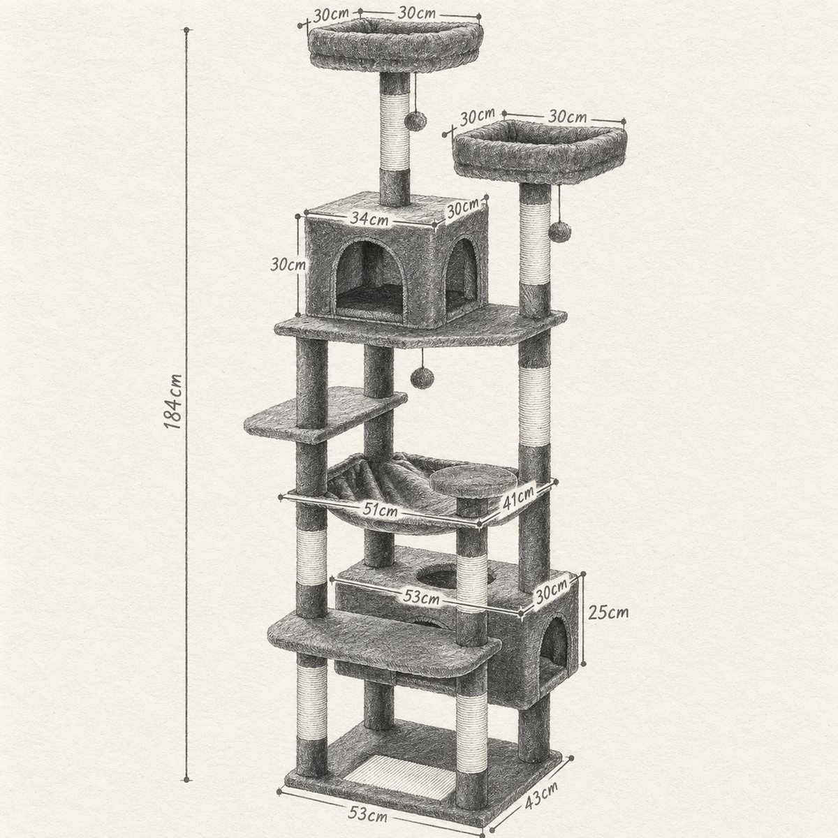 Schéma coté de l'arbre à Chat Maine Coon avec toutes les dimensions