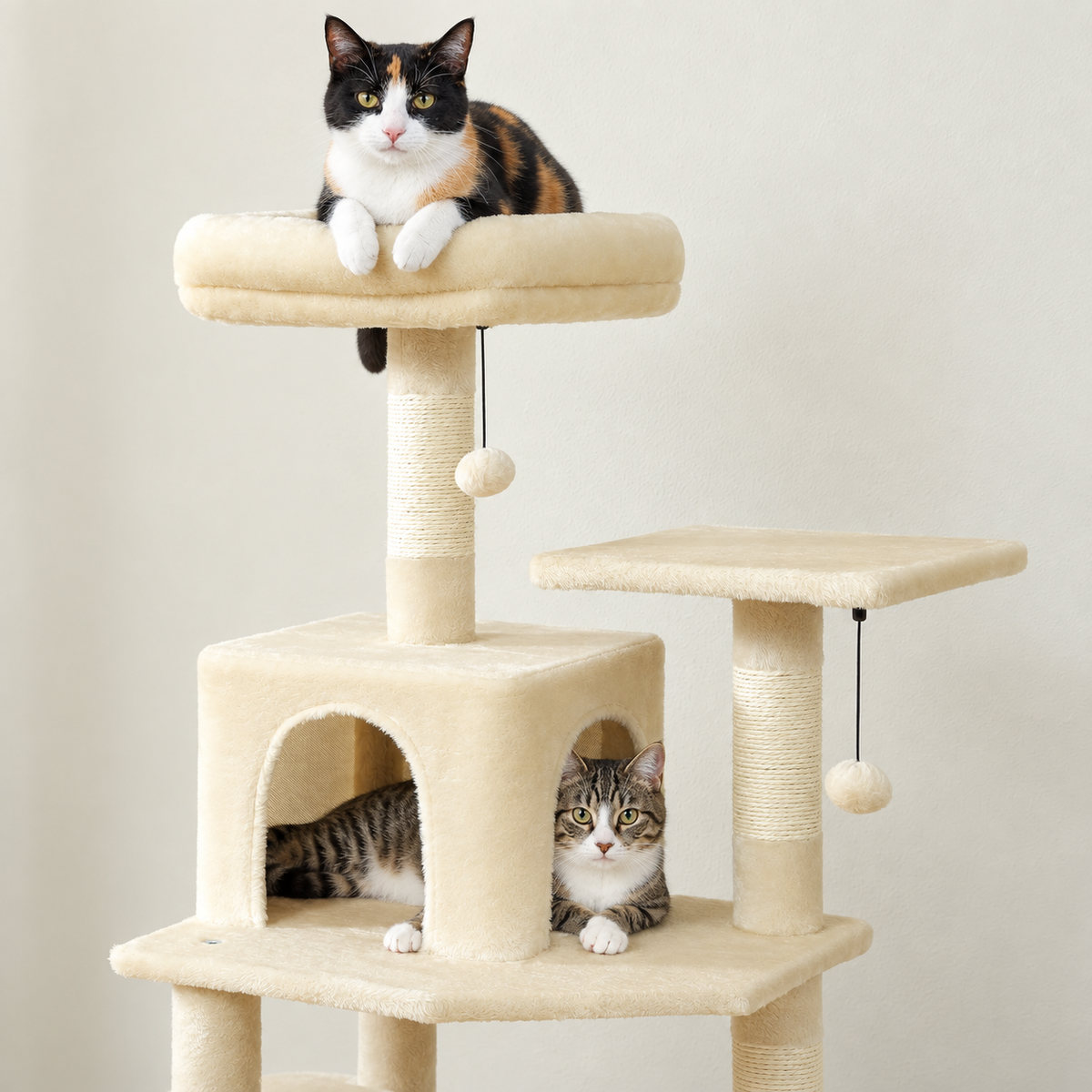Chat allongé sur le perchoir de l'arbre à Chat Maine Coon