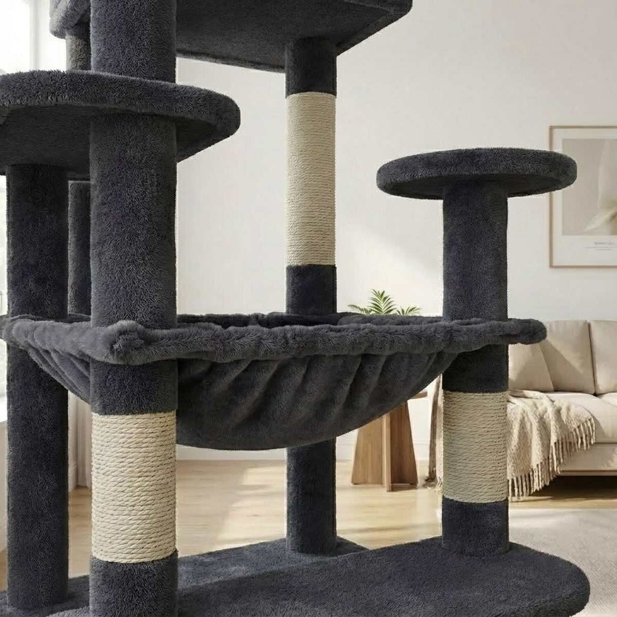 Chat couché dans le hamac de l'arbre à Chat Maine Coon