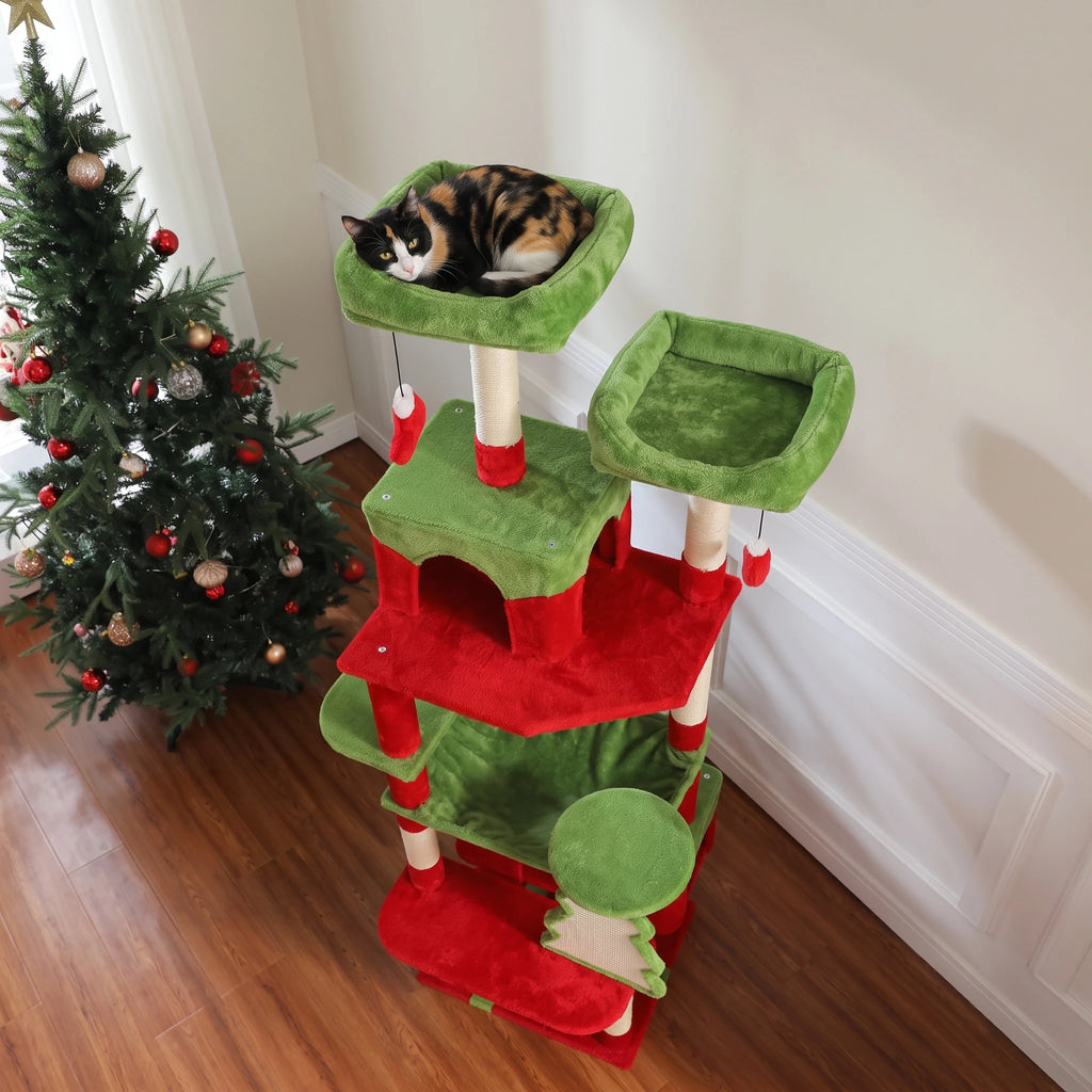 Chats jouant sur l'arbre à Chat Noël