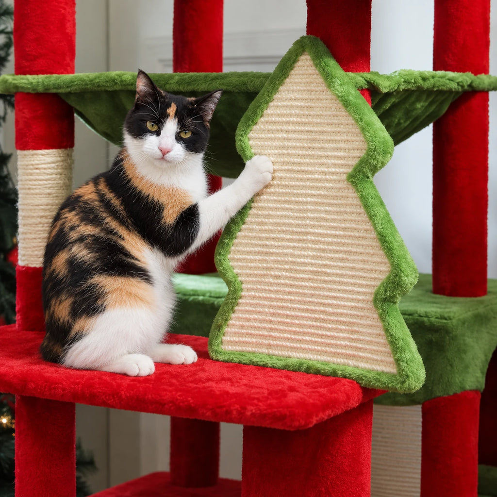 Chat faisant ses griffes sur l'arbre à Chat Noël