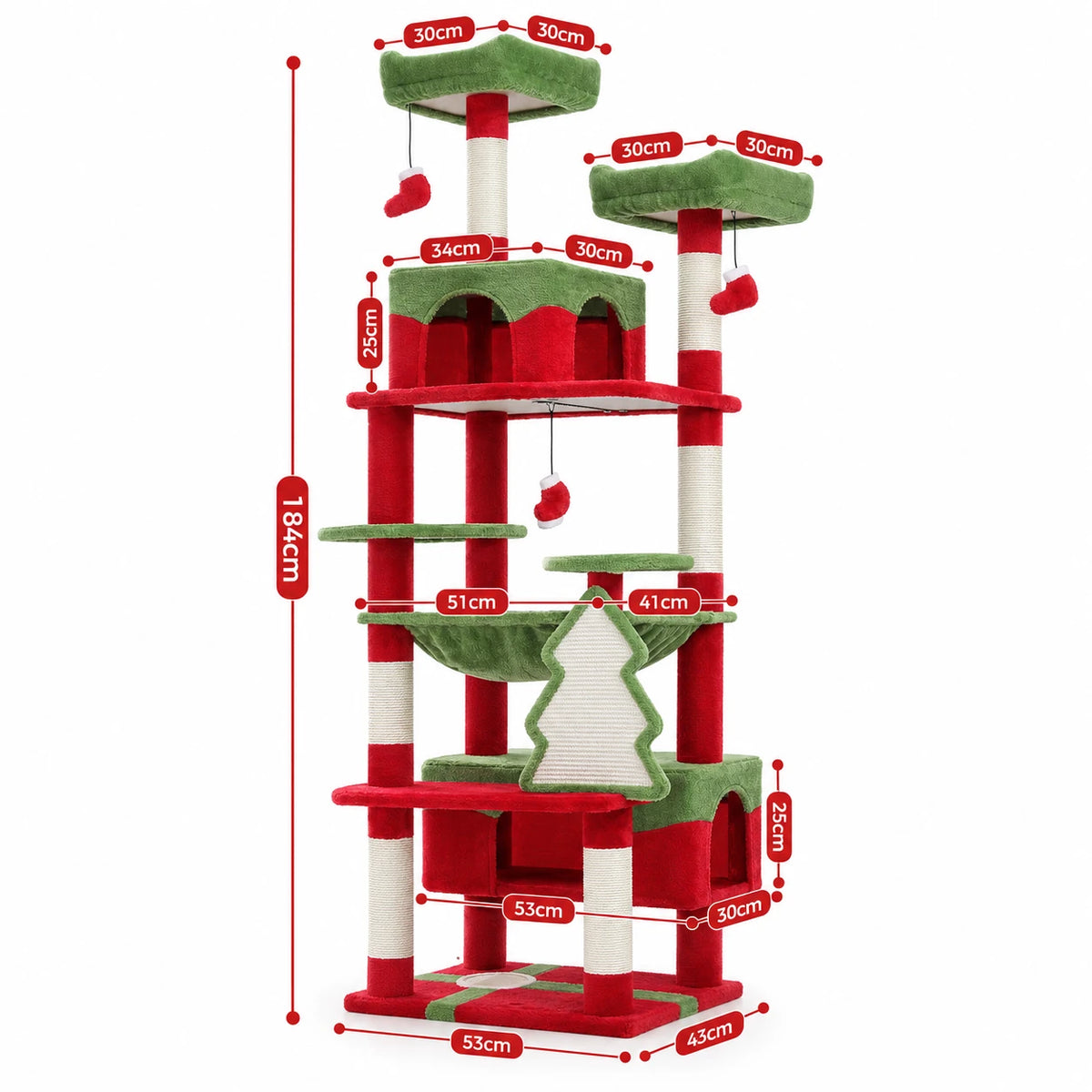 Schéma coté de l'arbre à Chat Noël avec toutes les dimensions
