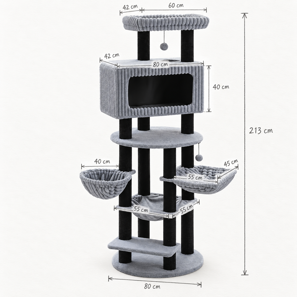 Schéma coté de l'arbre à Chat Design Multi-Niveau avec toutes les dimensions