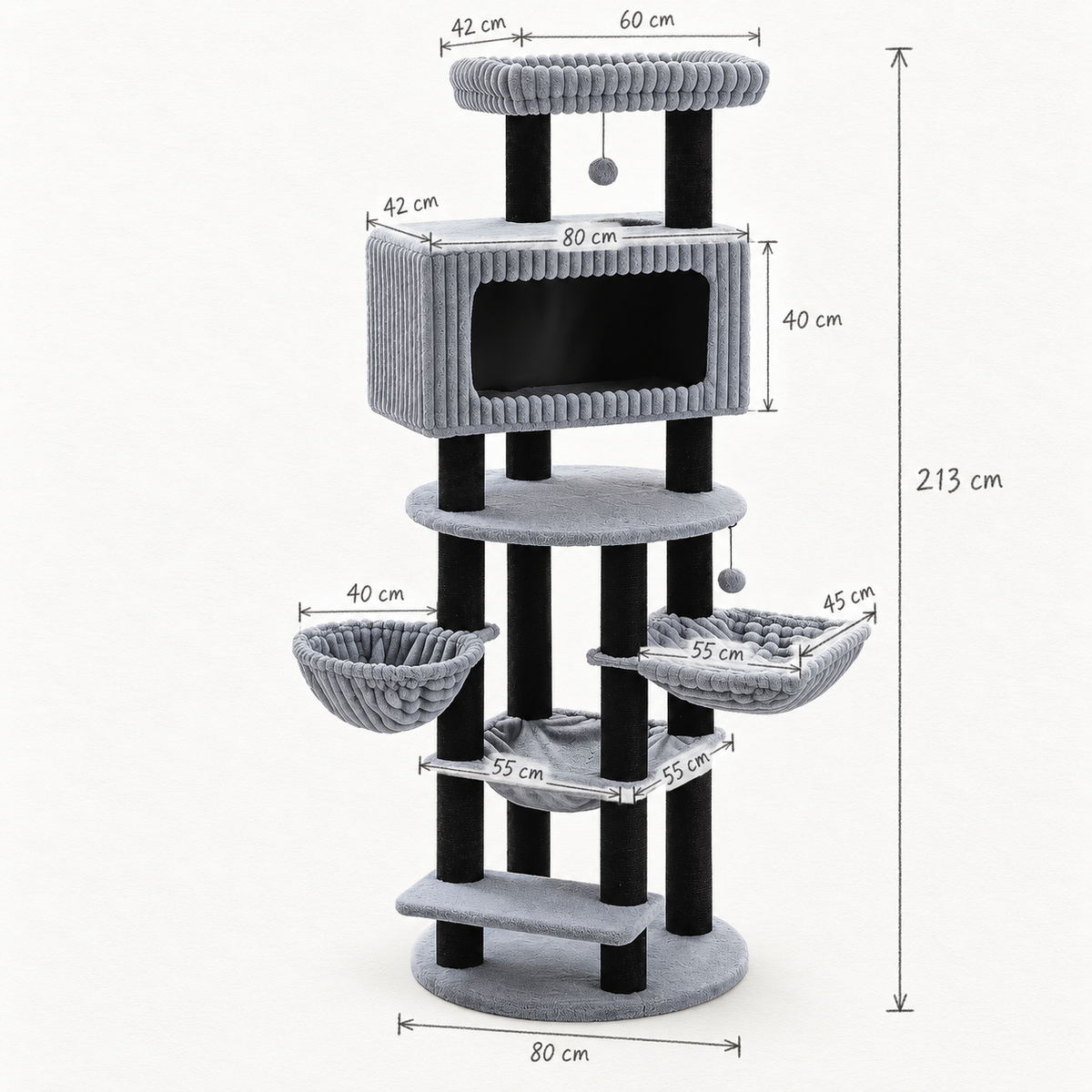 Schéma coté de l'arbre à Chat Design Multi-Niveau avec toutes les dimensions