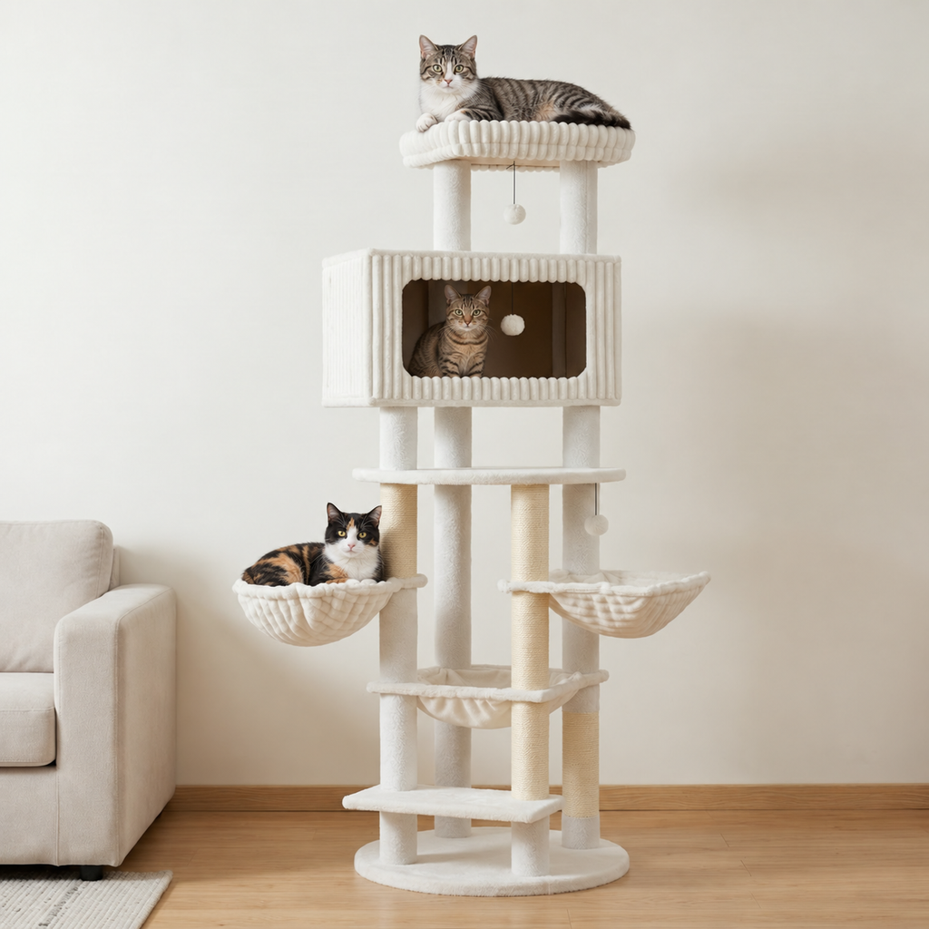 Arbre à Chat Design Multi-Niveau installé dans un salon lumineux