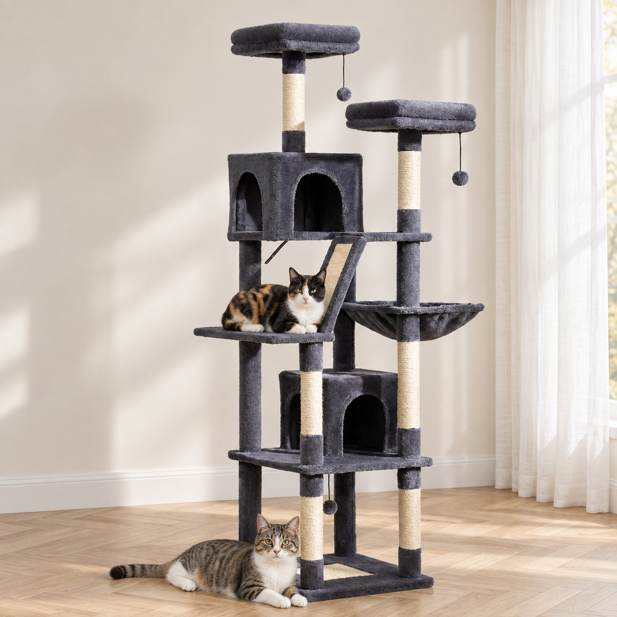 Grand Arbre à Chat installé dans un salon lumineux