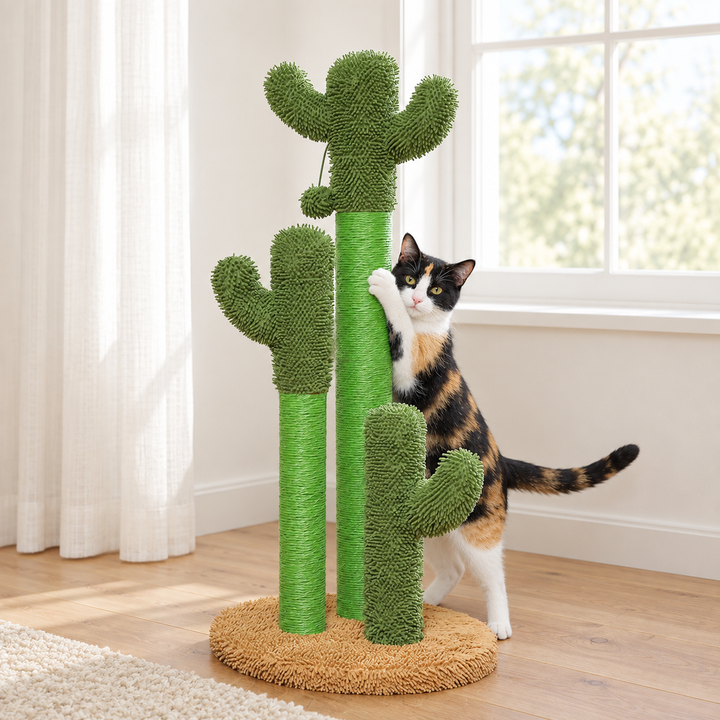 Chat faisant ses griffes sur le griffoir chat cactus dans un salon