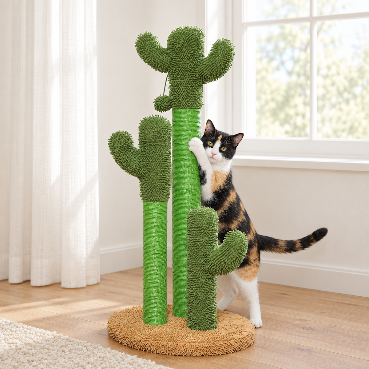 Chat faisant ses griffes sur le griffoir chat cactus dans un salon