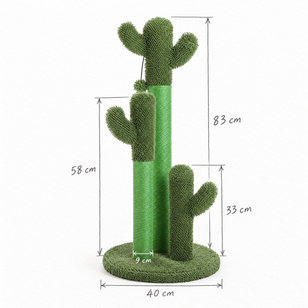 Dimensions du griffoir chat cactus : 83 cm de haut, base de 40 cm