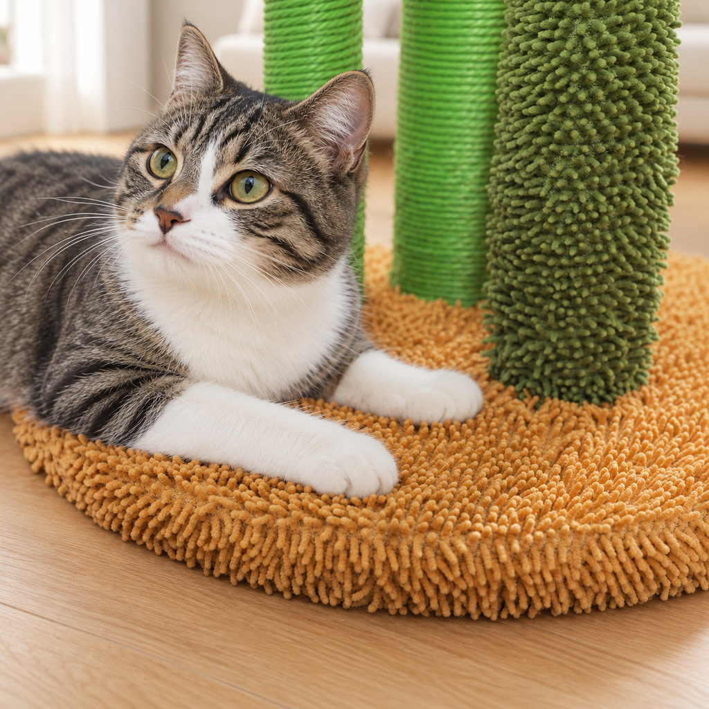 Chat allongé sur la base en peluche du griffoir chat cactus