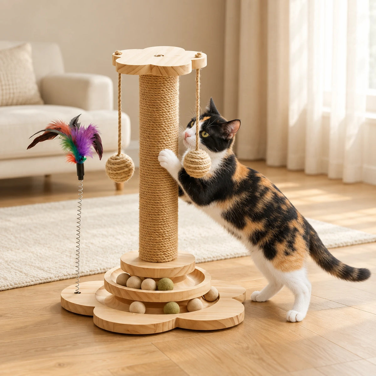 Chat faisant ses griffes sur le griffoir interactif en sisal
