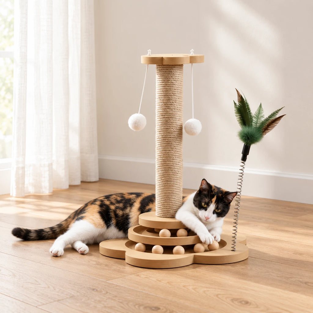 Chat jouant avec la plume du griffoir interactif dans un salon