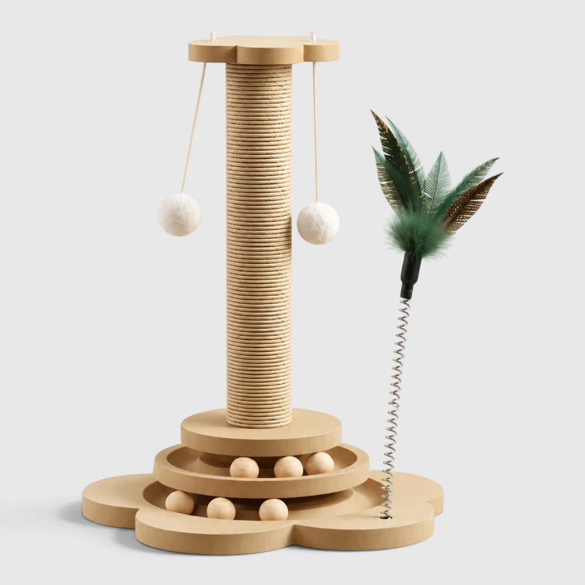 Griffoir interactif chat avec poteau en sisal, circuit à balles et plume