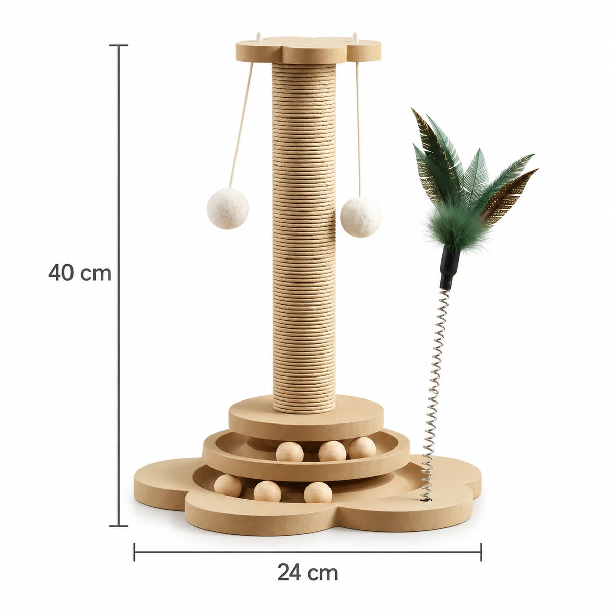 Schéma coté du griffoir interactif chat : 40 cm de haut, base de 24 cm