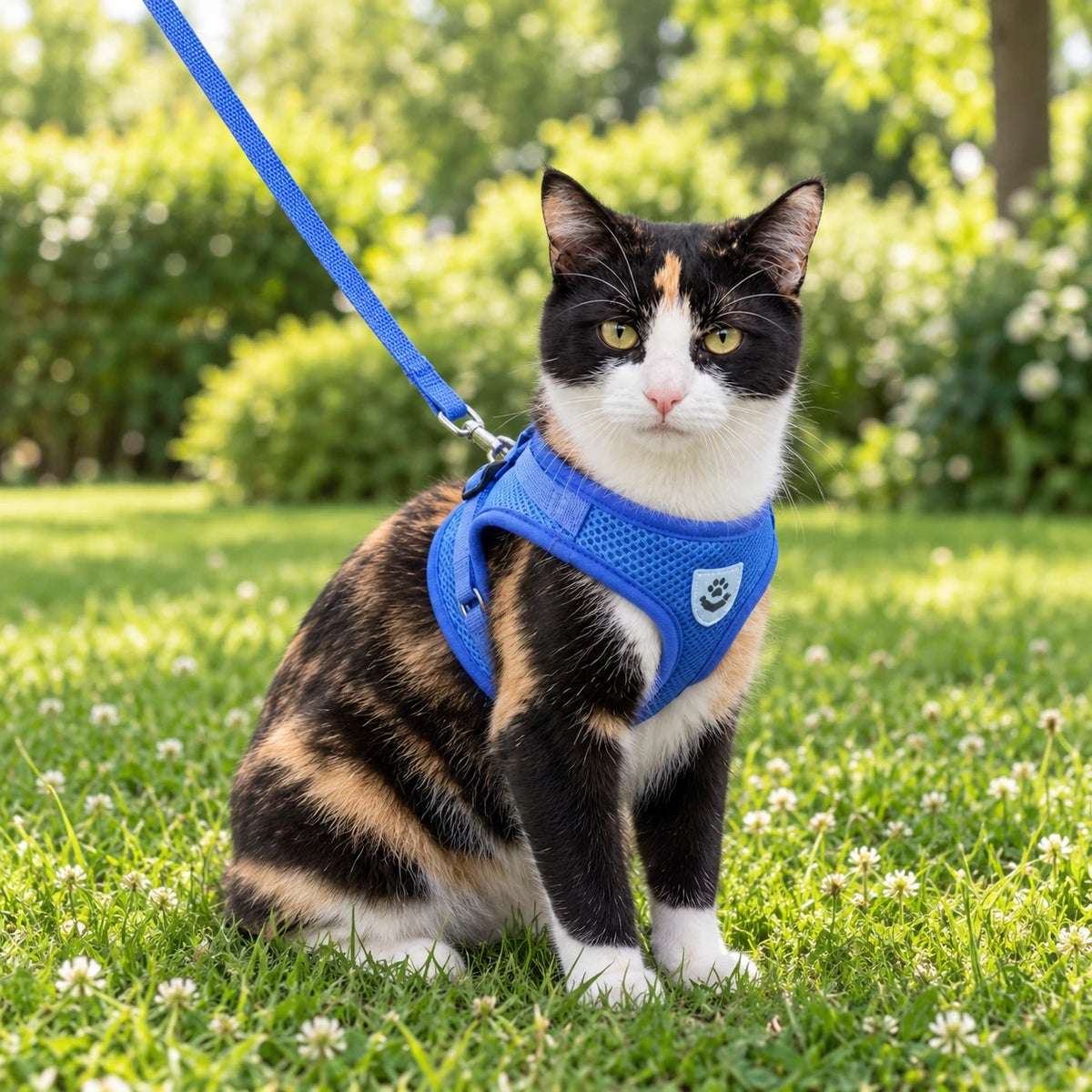 Chat tricolore portant le harnais et la laisse bleus dans l'herbe