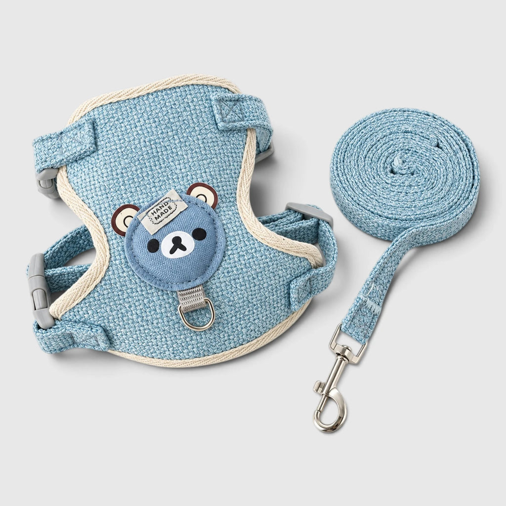 Harnais chaton bleu avec écusson d'ourson et laisse