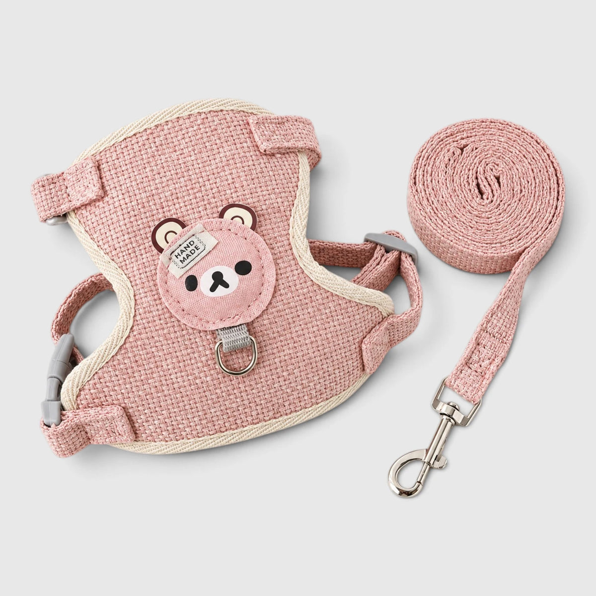 Harnais chaton rose avec écusson d'ourson et laisse