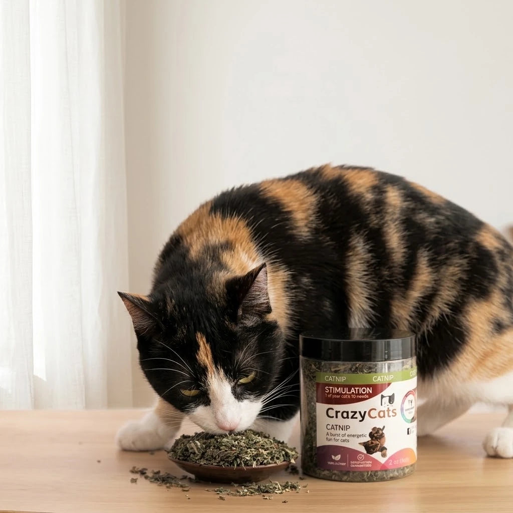 Chat flairant l'herbe à chat séchée à côté du pot