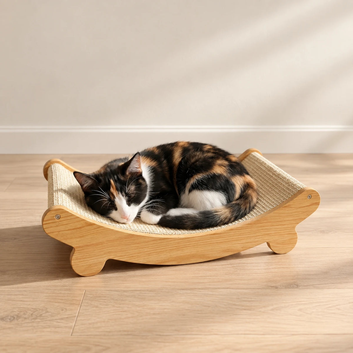 Chat endormi sur le griffoir chat design en bois et sisal