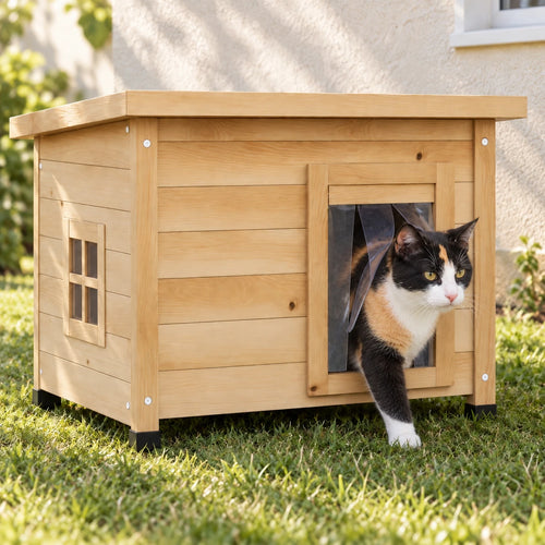 Chat sortant de la niche chat extérieur dans un jardin