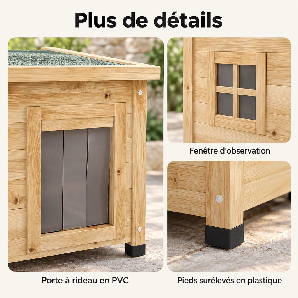 Détails de la niche chat extérieur : porte à rideau, fenêtre d'observation, pieds surélevés