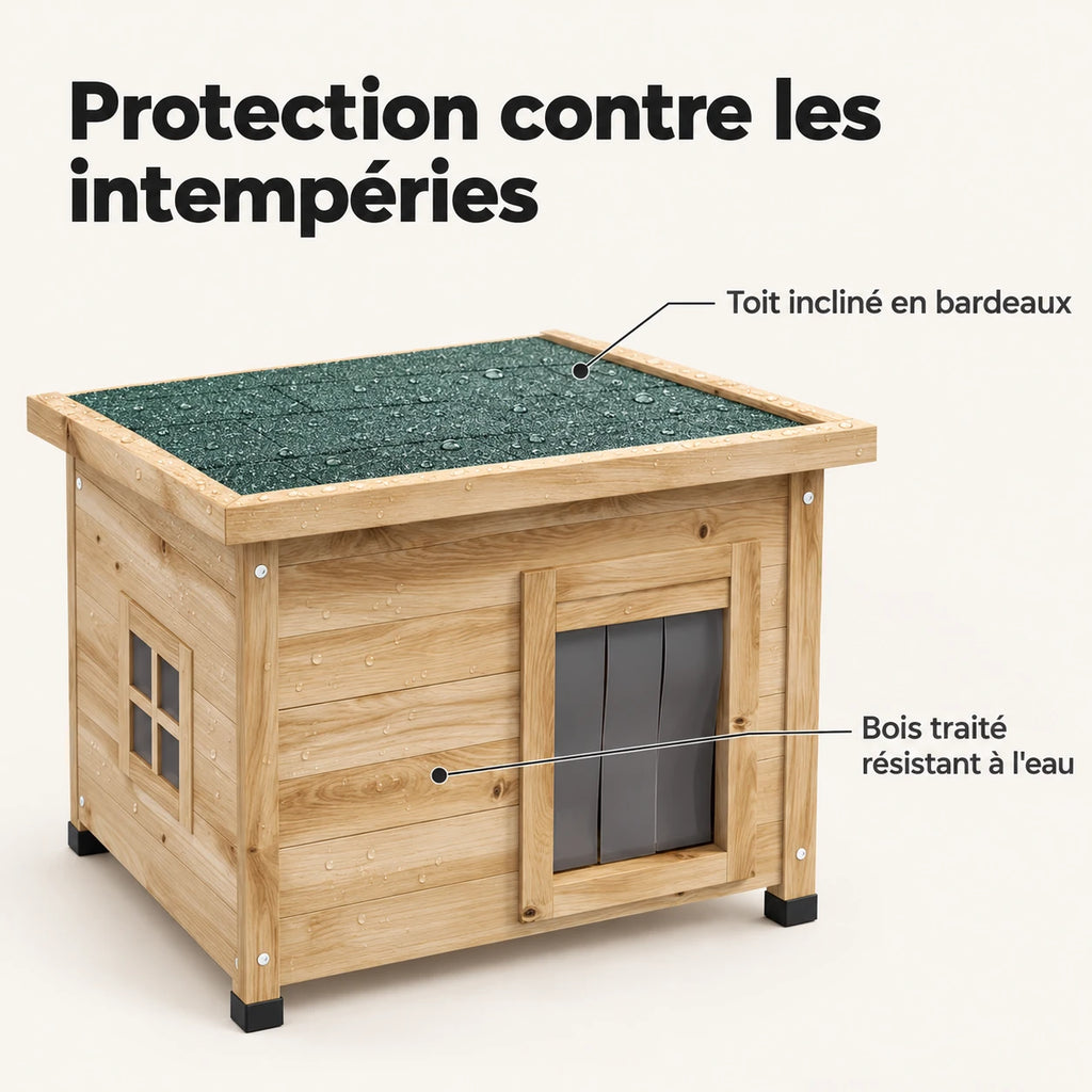 Protection contre les intempéries : toit incliné en bardeaux et bois traité