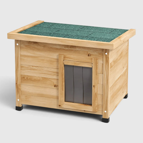Niche chat extérieur en bois avec toit vert et porte à rideau
