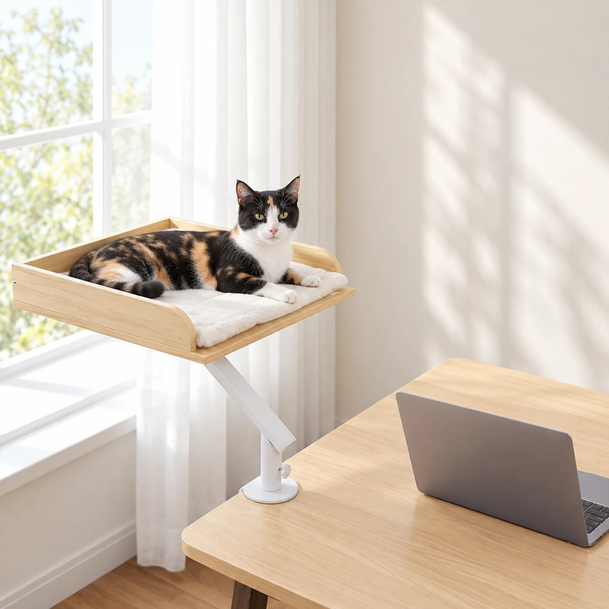 Chat couché sur le lit de bureau pour chat, à côté d'un ordinateur portable
