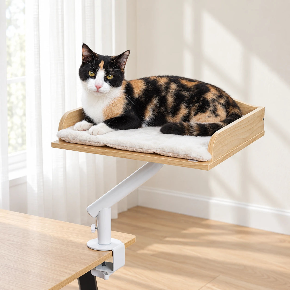 Lit de bureau pour chat fixé au bord d'une table par sa pince