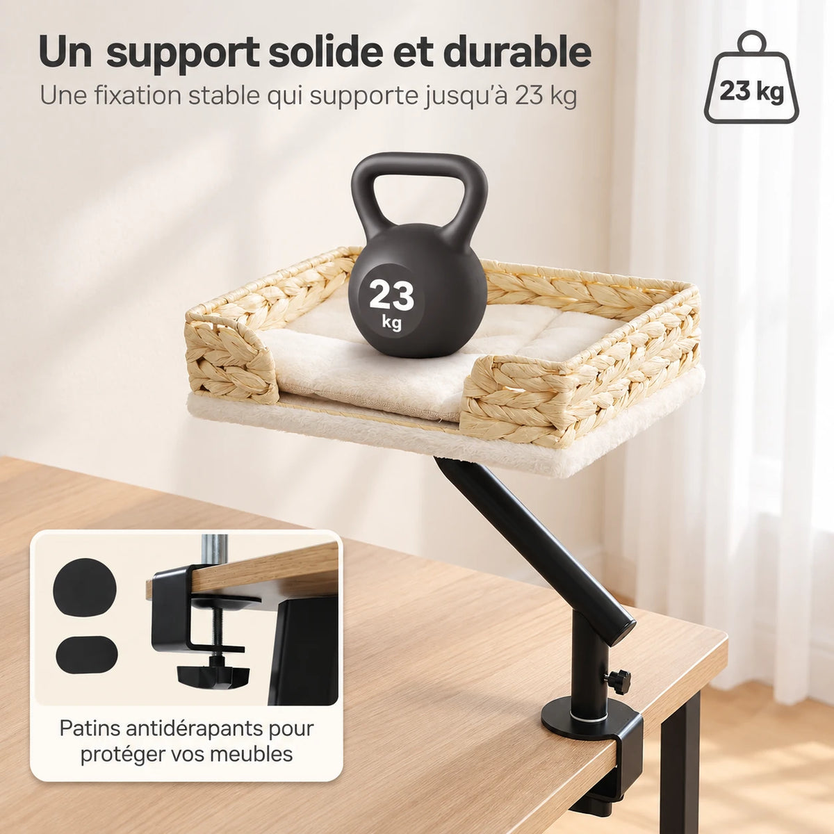 Support du panier chat osier : jusqu'à 23 kg et patins antidérapants
