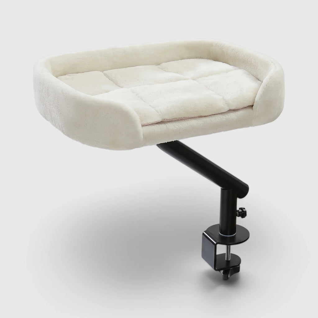 Panier chat bureau crème avec support noir et pince de fixation