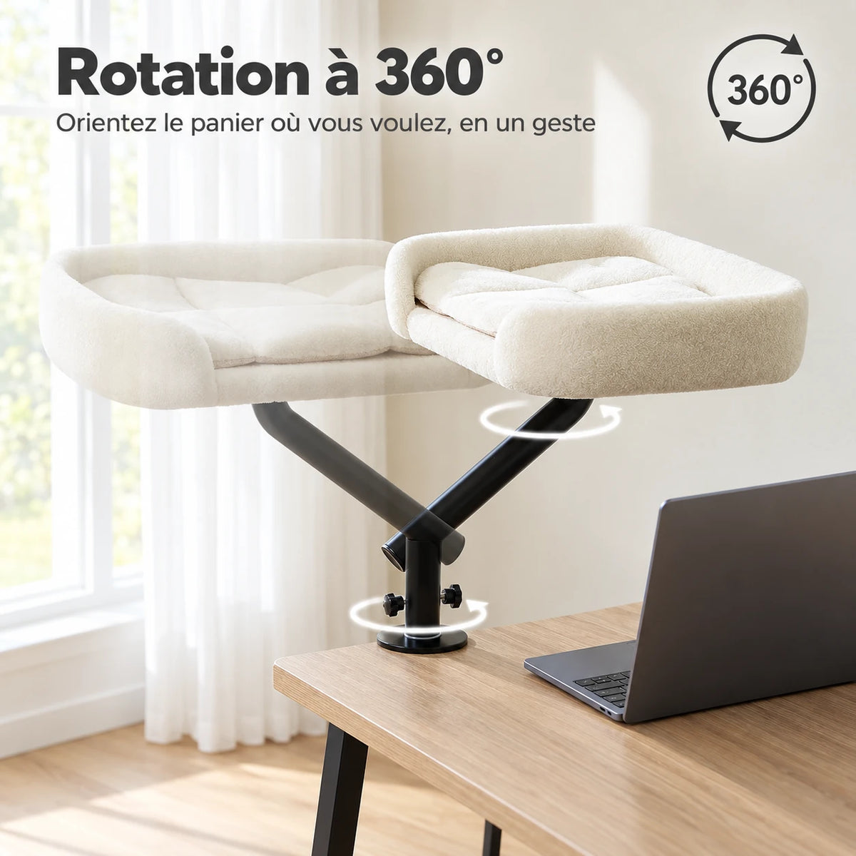 Rotation à 360° du panier chat bureau